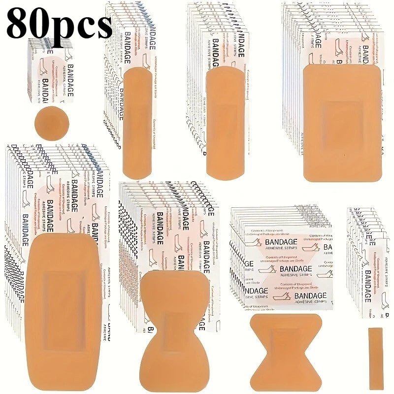 A collection of 80 pieces of waterproof and breathable PE soft rubber bandages in various shapes and sizes.