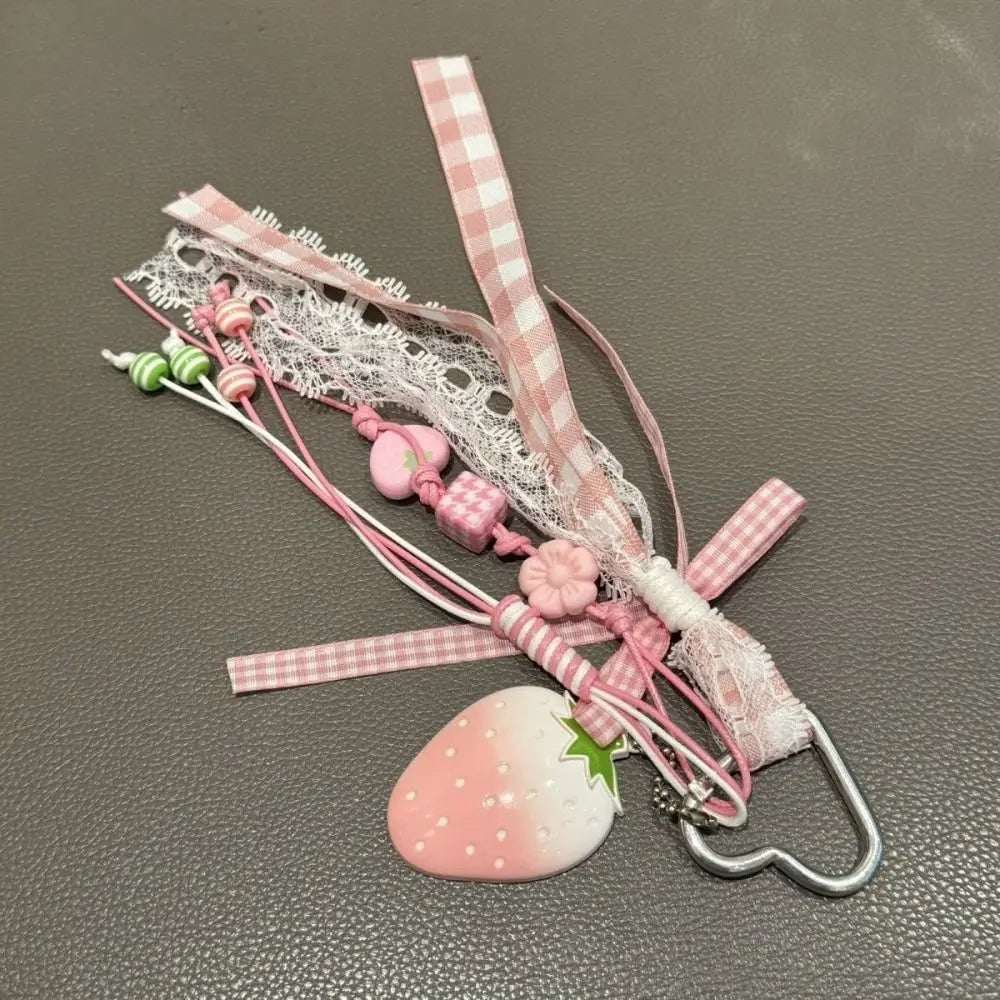 Strawberry Bag Charm Keychain with Ribbon Bow