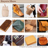A collection of leather goods including a small pouch, a shoe, a wallet, and a handbag.