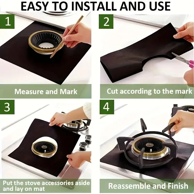A four-step guide showing how to install and use a reusable stove burner mat set for cooking.