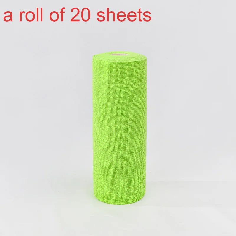 A roll of green microfiber cleaning towels, stacked vertically.