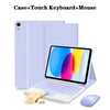 A purple detachable wireless keyboard case and mouse shown next to an iPad.