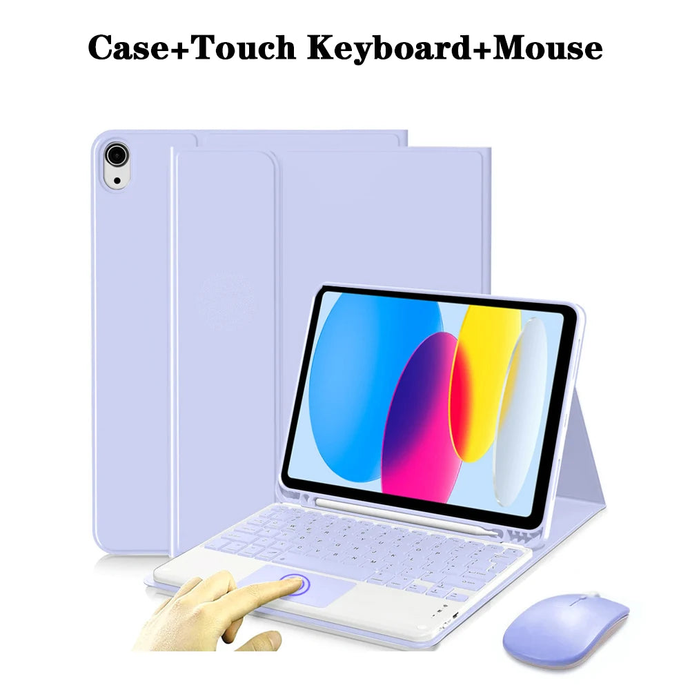 A purple detachable wireless keyboard case and mouse shown next to an iPad.