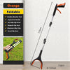 Orange foldable grabber reacher tool with an ergonomic handle and magnetic swivel clip head