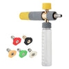 Heavy-duty foam sprayer with a yellow and gray handle and five interchangeable nozzles.