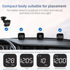 Compact GPS head-up display showing speed, time, and compass on a car dashboard.