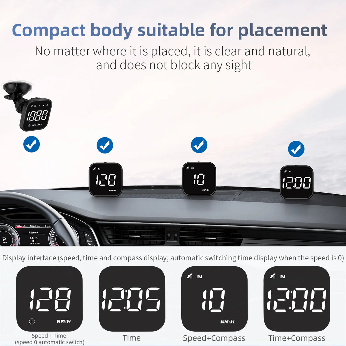Compact GPS head-up display showing speed, time, and compass on a car dashboard.