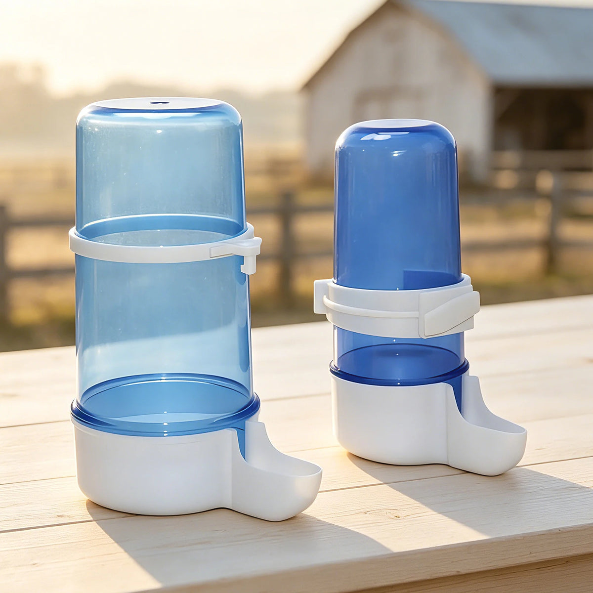A clear blue hanging bird feeder and water dispenser with white components sitting on a wooden surface.