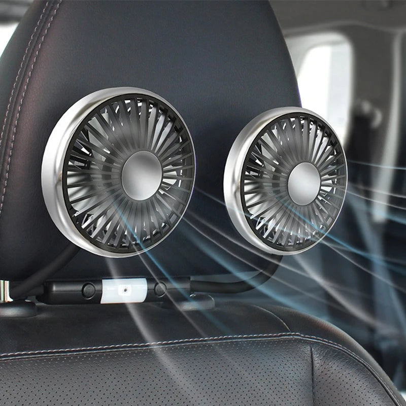 Dual-Head USB Car Fan with Adjustable LED Light