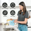 A woman is cleaning a kitchen sink with a blue microfiber towel, surrounded by icons highlighting the product's features.