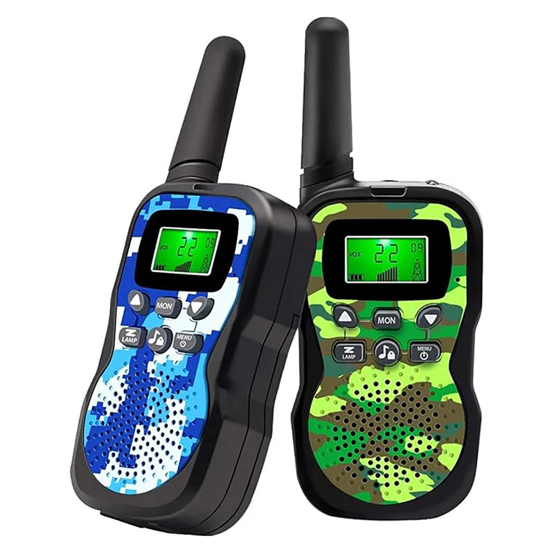 A pair of black and green walkie-talkies with digital displays are shown against a white background.