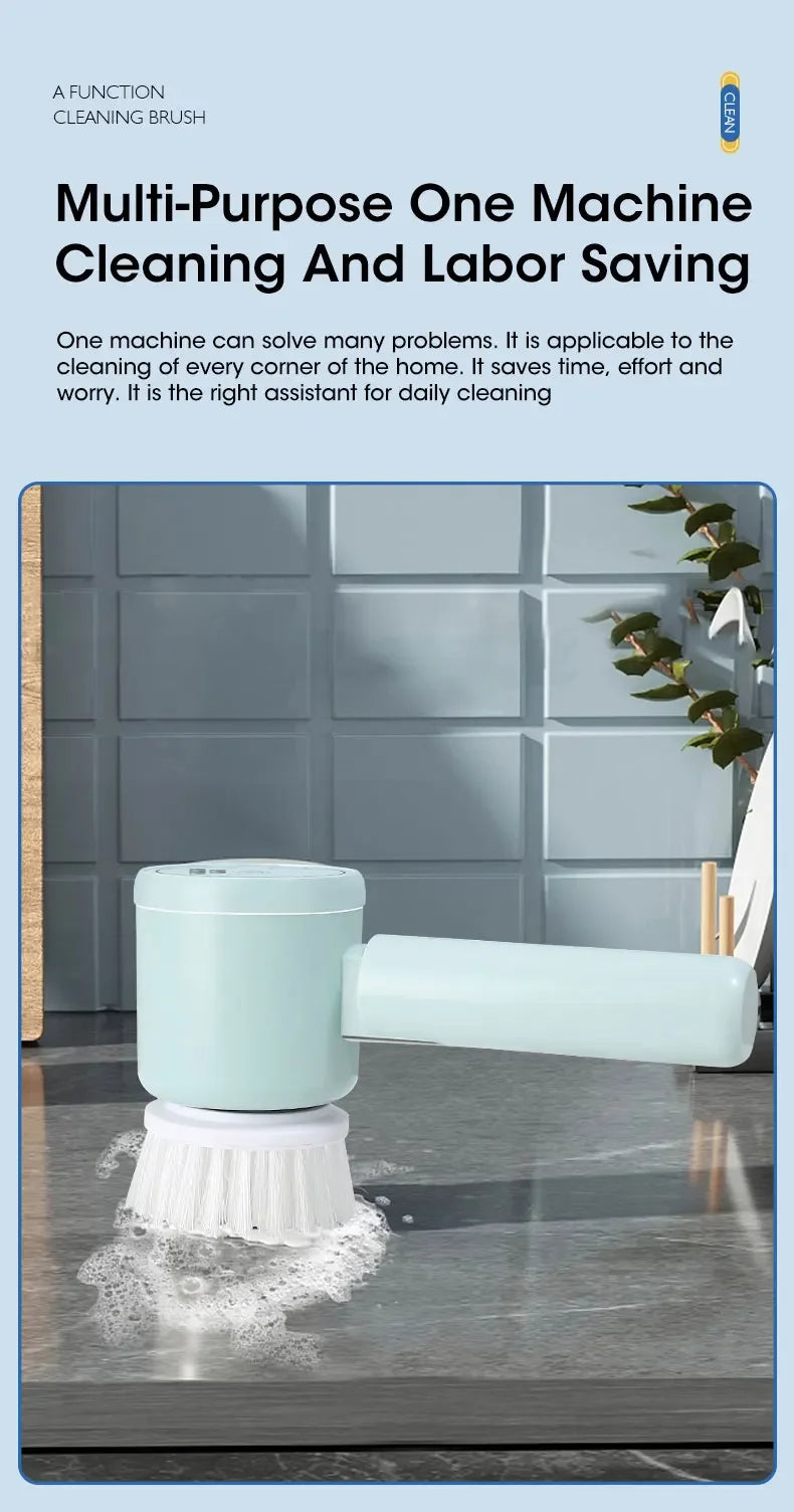 A light blue cordless electric spin scrubber with a white brush head cleaning a dark countertop.