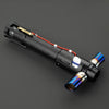 A black metal lightsaber with a gold hilt and red wiring is shown against a dark gray background.