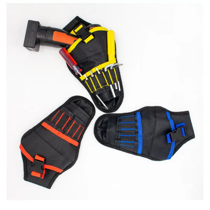 Black heavy-duty drill holster with yellow accents and a belt storage pocket.