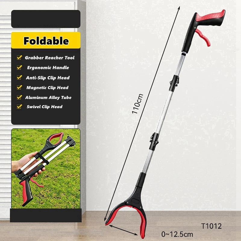 A long, black and red foldable grabber reacher tool with a swivel clip head is displayed against a white background.