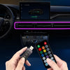 A hand holds a remote control for an USB LED ambient interior light strip with APP control, next to a car interior displaying