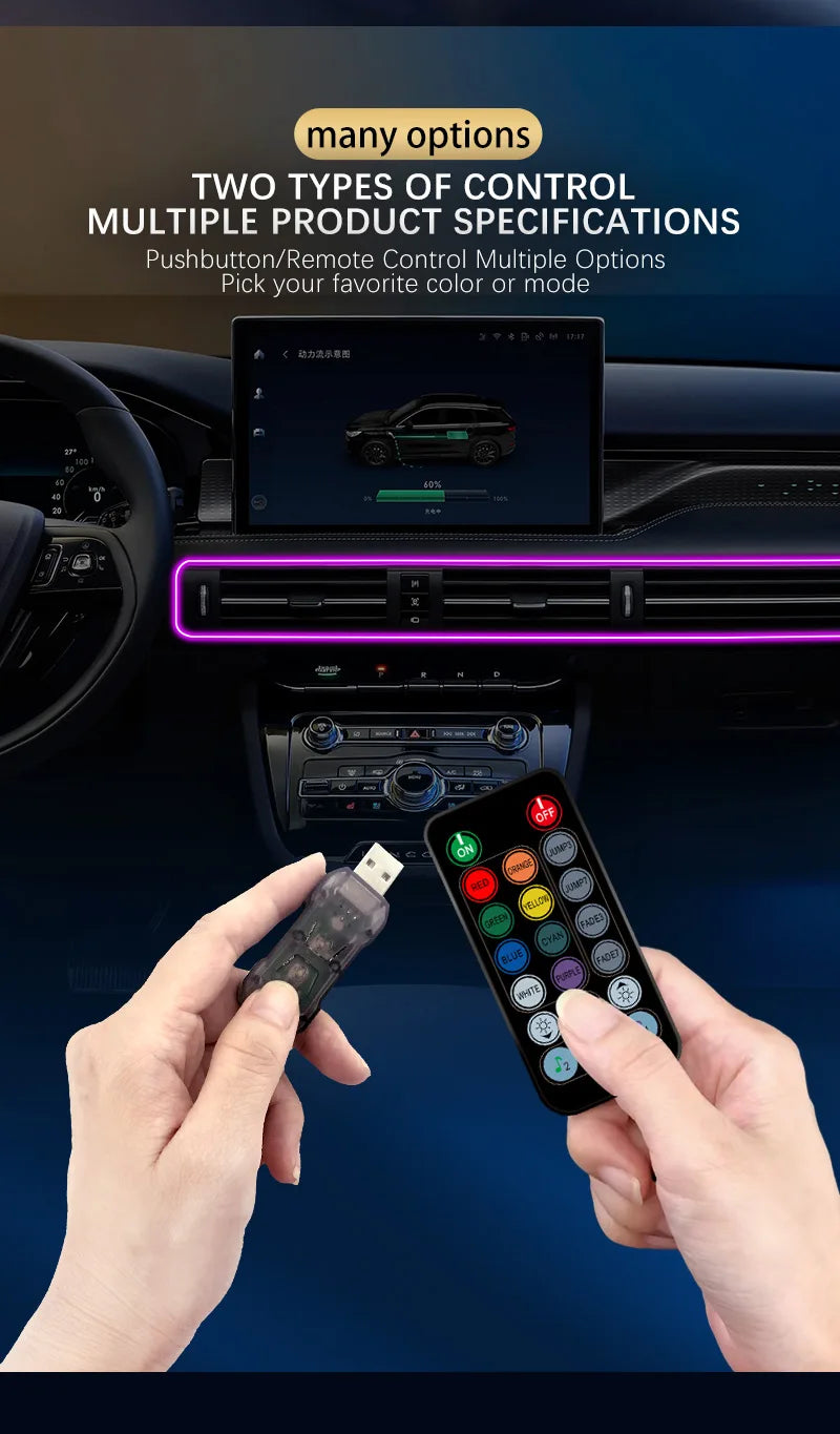 A hand holds a remote control for an USB LED ambient interior light strip with APP control, next to a car interior displaying