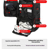 A black backpack featuring multiple compartments, a headphone port, and an independent anti-dirty shoe position.