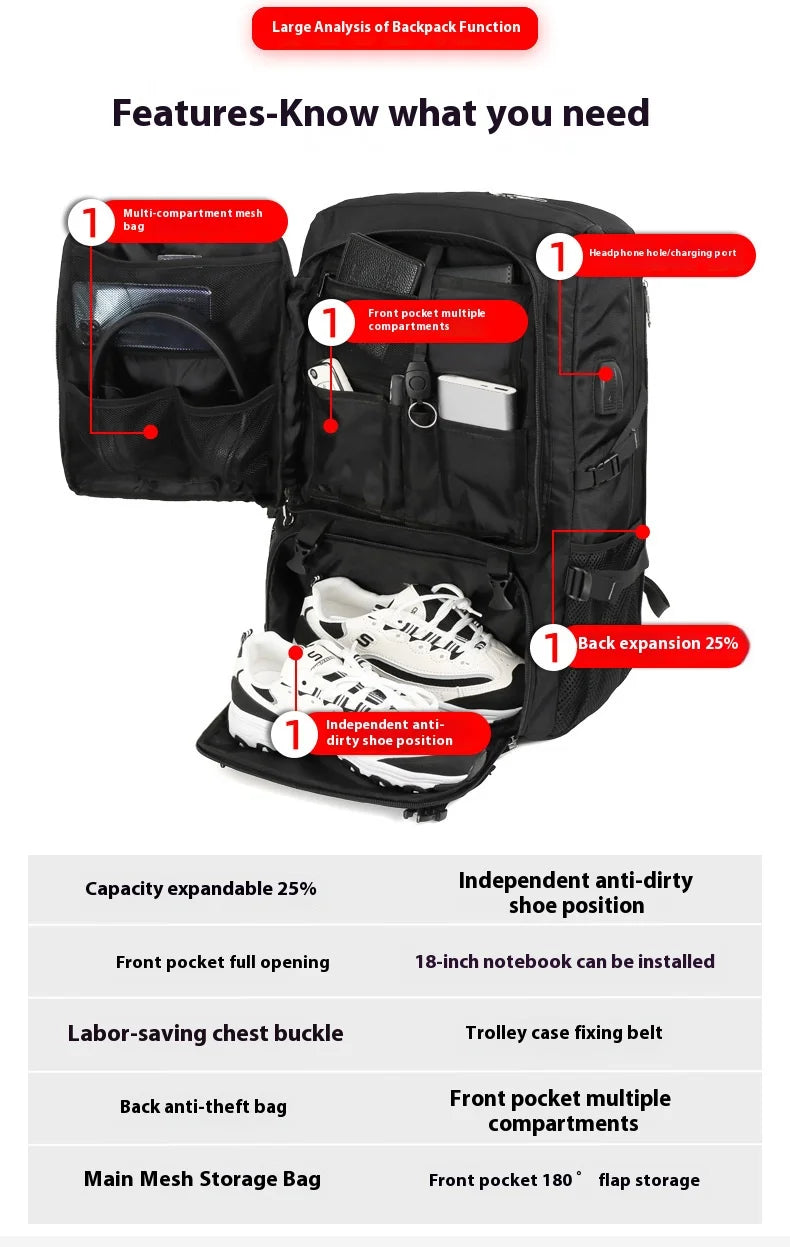 A black backpack featuring multiple compartments, a headphone port, and an independent anti-dirty shoe position.