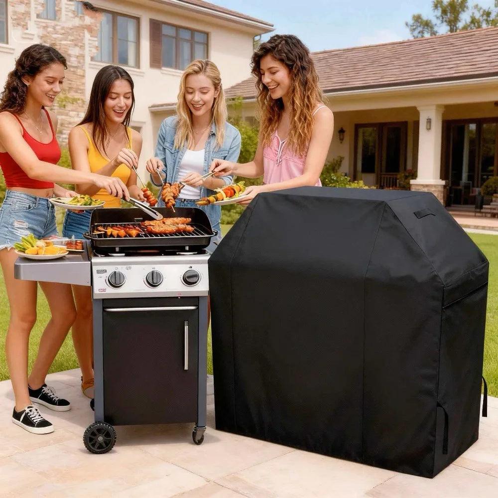 Five women are preparing food around a portable black BBQ grill and its waterproof Oxford cloth cover outdoors.
