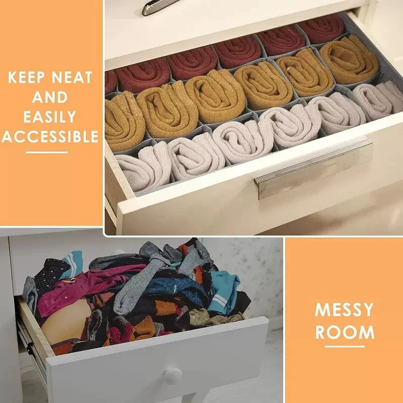 A close-up of a white fabric organizer with numerous rolled fabric items in various shades of brown and beige.