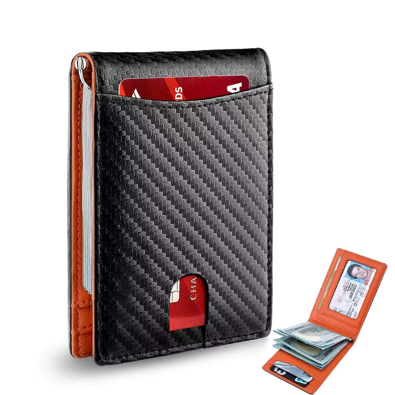 A black carbon fiber wallet with a leather sleeve and a red card slot is shown.