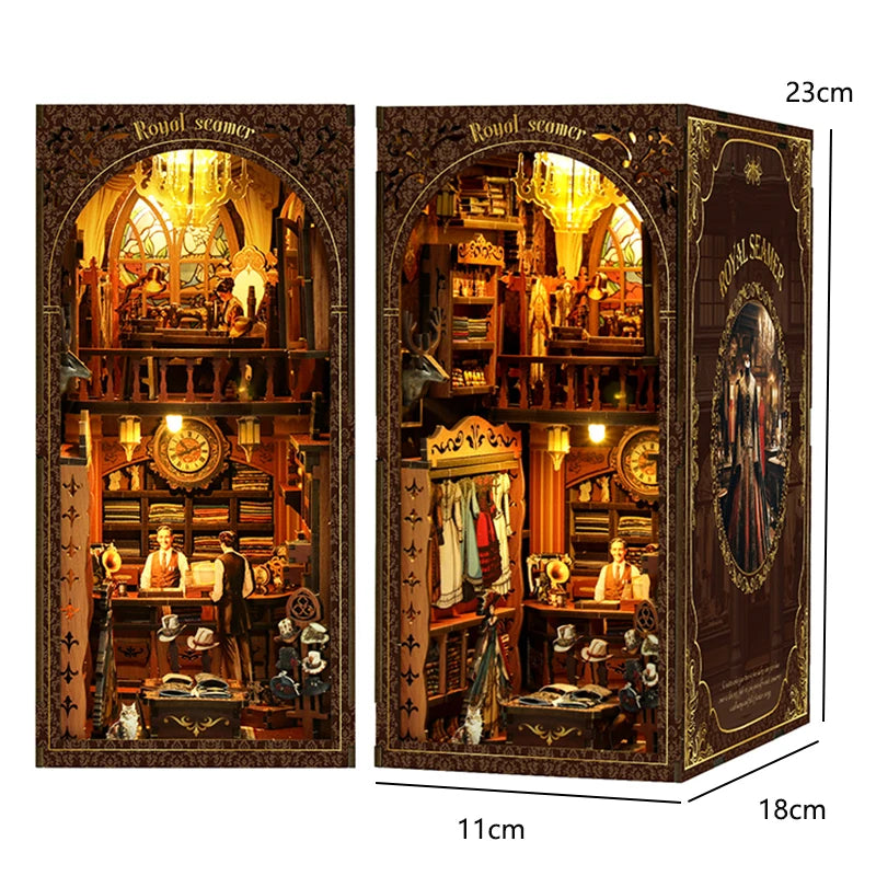 A wooden book nook kit featuring a detailed scene with figures and LED lighting.