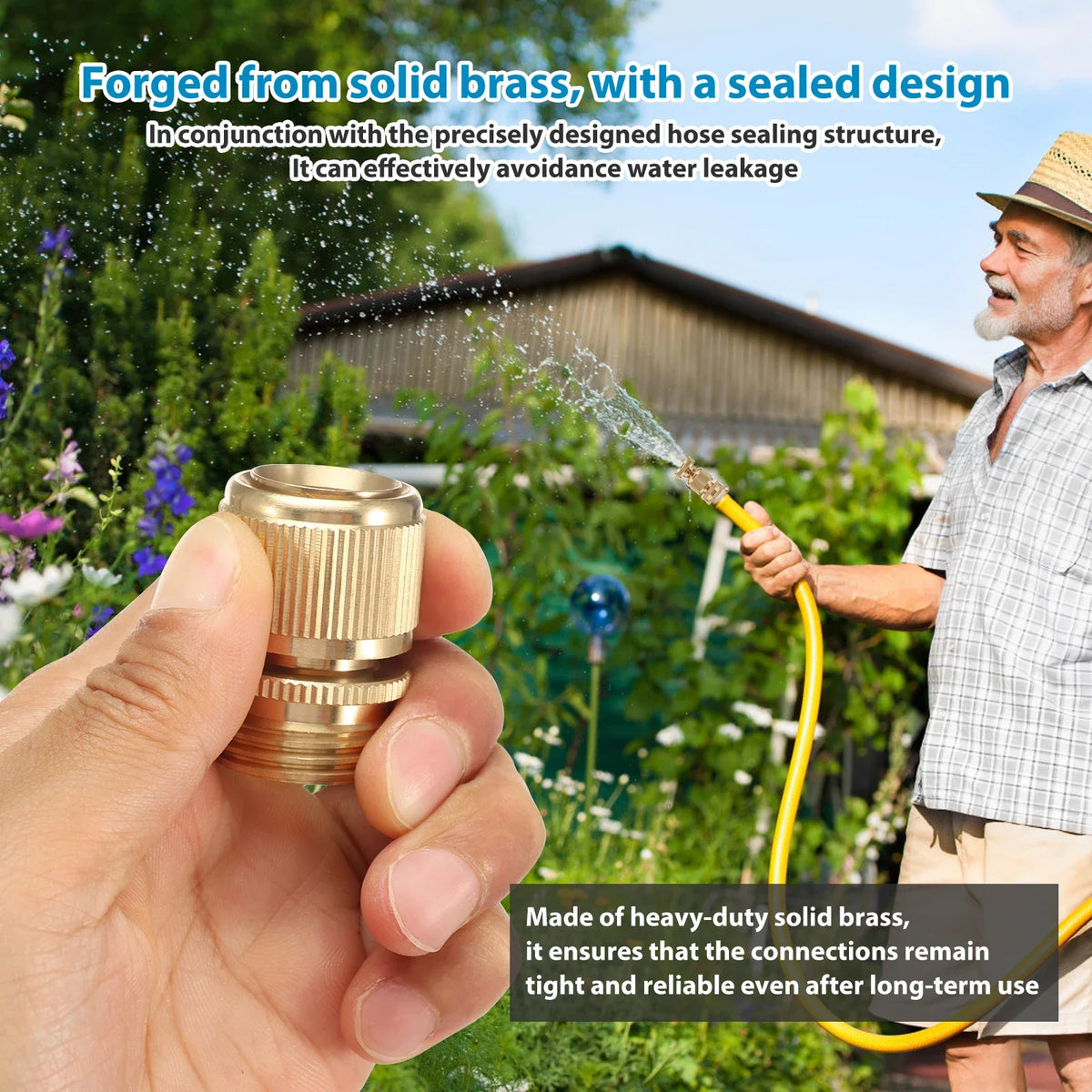 A hand holds a brass garden hose fitting, demonstrating its sealed design for leak prevention.