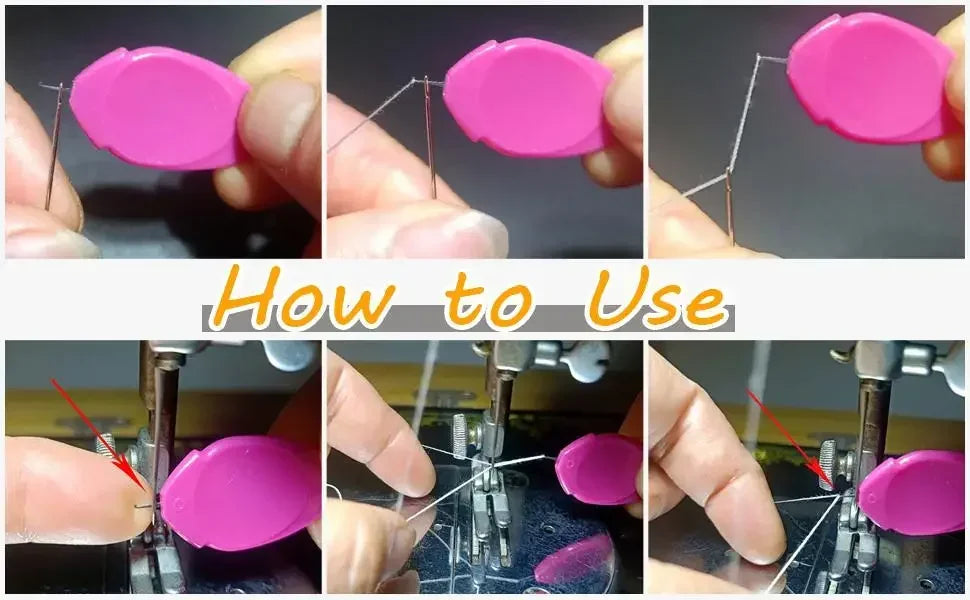 Demonstration of how to use a 6-piece needle threader set for hand and machine sewing.