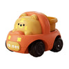 An orange push-and-go toy car shaped like a cartoon bear, featuring yellow accents and large wheels.