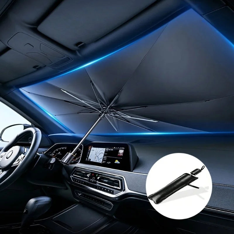 A foldable car windshield sun shade umbrella is shown inside a car cabin with blue ambient lighting.