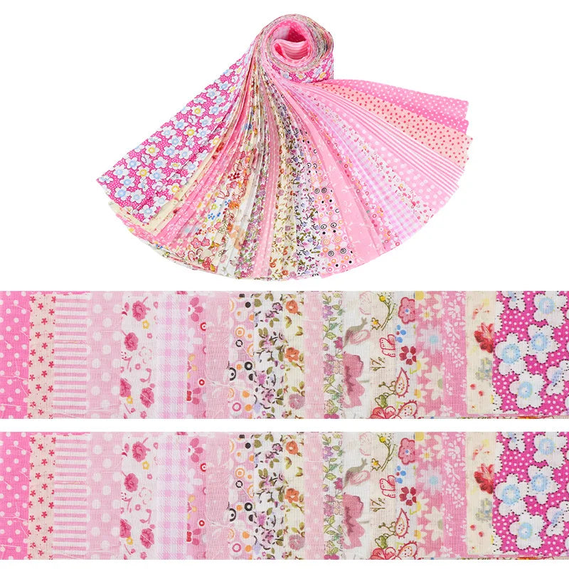 Pink cotton quilted fabric strips in various floral and geometric patterns for DIY crafting