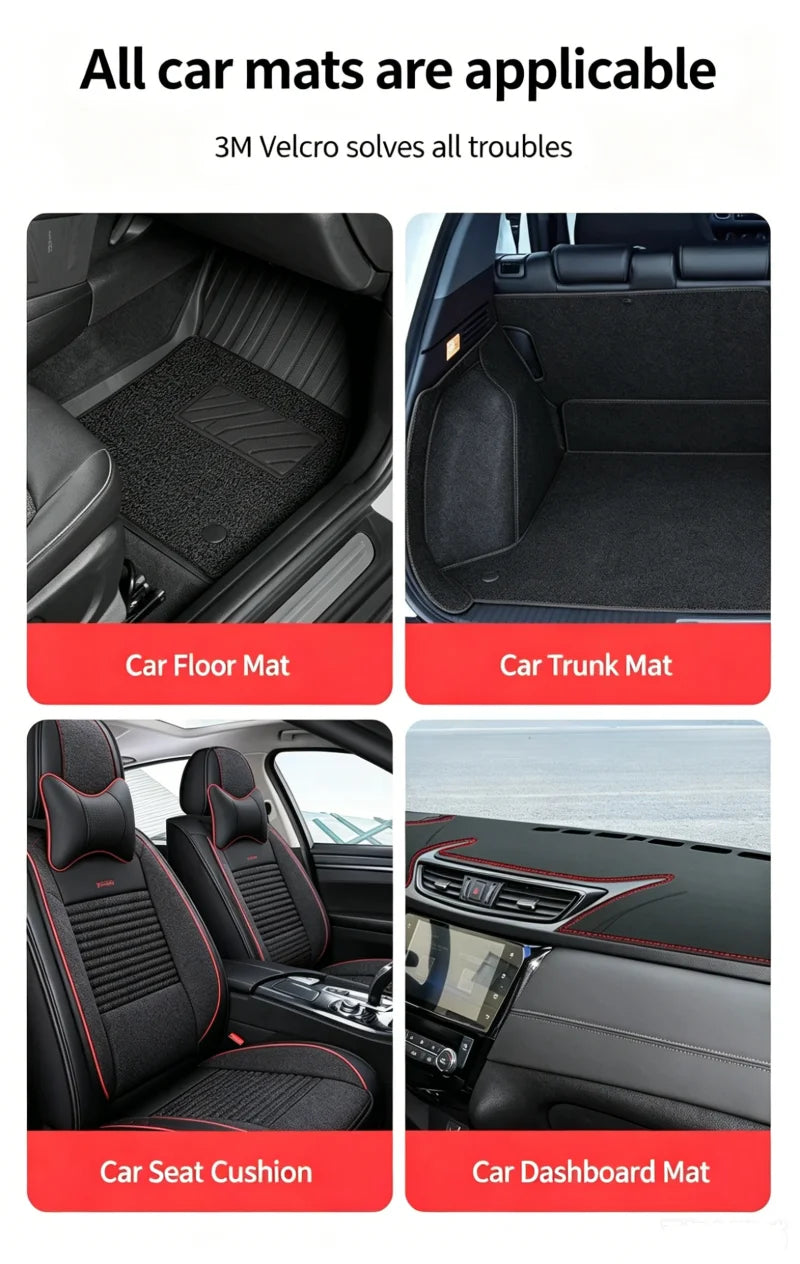 Various car mats, including floor mats, trunk mats, seat cushions, and dashboard mats, made with 3M Velcro tape.