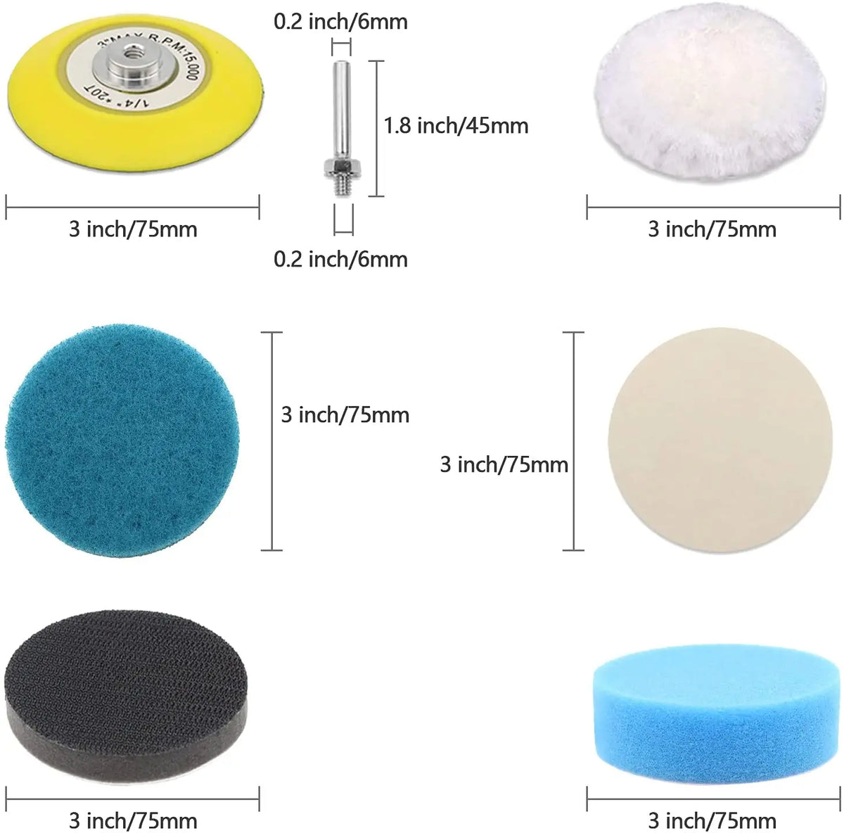 A set of sanding discs, polishing pads, and foam pads for car headlight restoration.