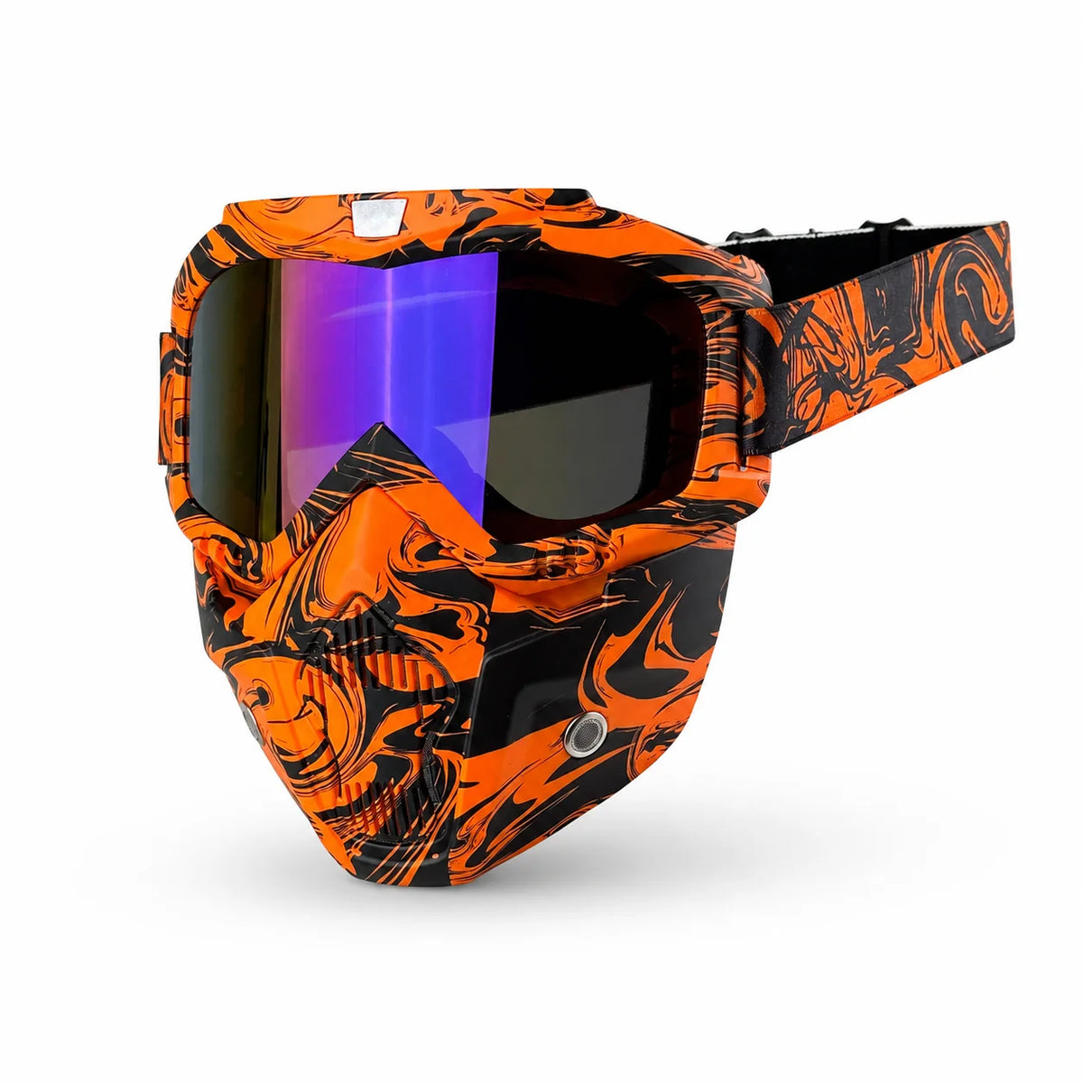 Ein Paar orange und schwarz taktische Motorradbrillen mit reflektierender Linse.