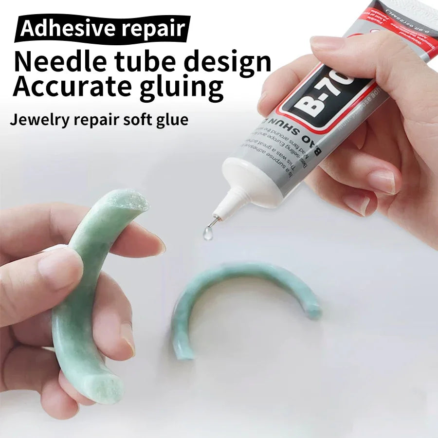 Hand applying B-70 adhesive glue to a needle tube design for jewelry repair