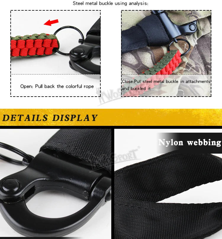 Demonstration of a steel metal buckle used for a quick-release tactical rifle sling with an attached shoulder pad.