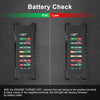 Battery check display showing full and low battery status on a tester device