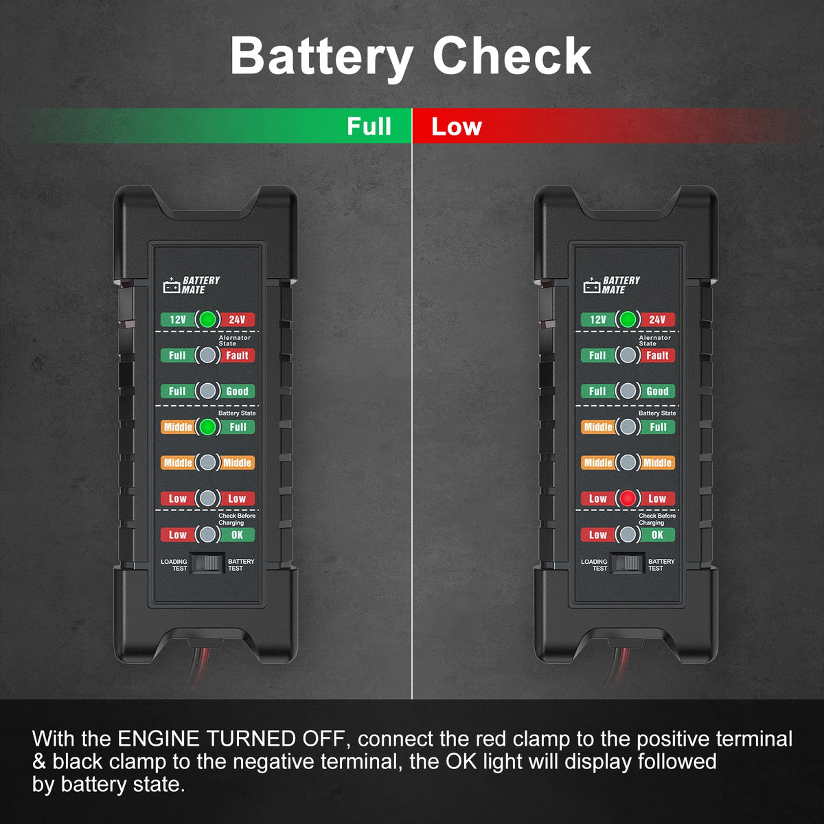 Battery check display showing full and low battery status on a tester device