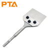 A metal floor scraper tool with a replacement blade set and handle.