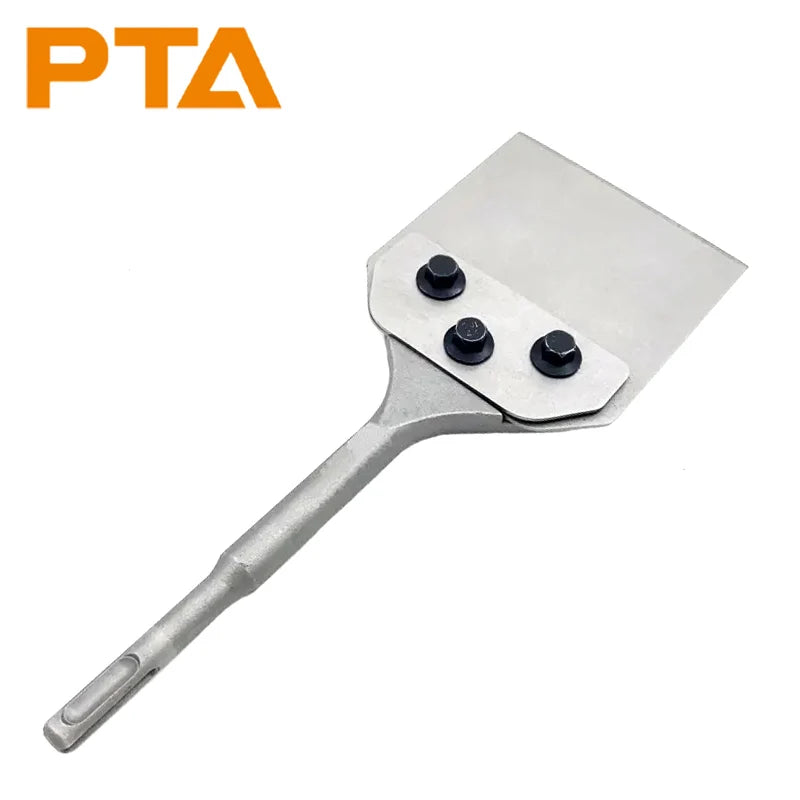 A metal floor scraper tool with a replacement blade set and handle.