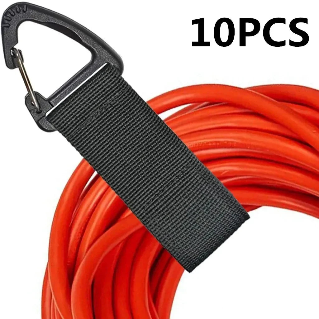 Ten heavy-duty nylon cord organizer straps with triangle buckles coiled together.