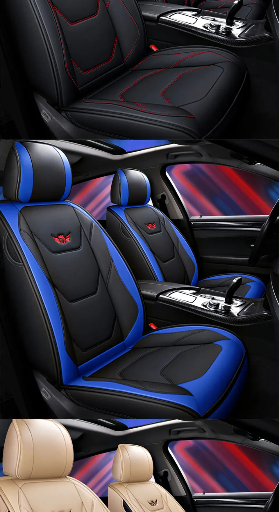 Close-up view of various universal leather car seat covers in black, blue, and tan colors.