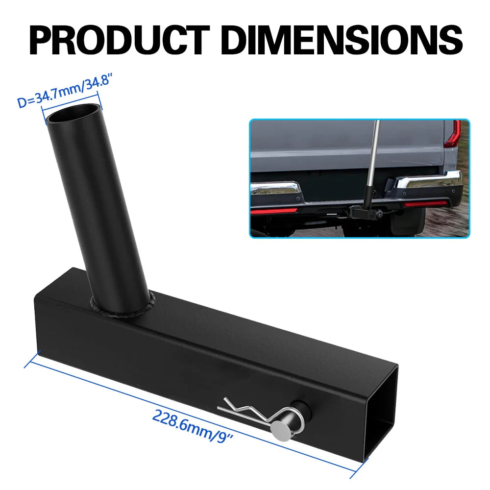 A black universal hitch mount flag pole holder with a cylindrical pole and mounting bracket.