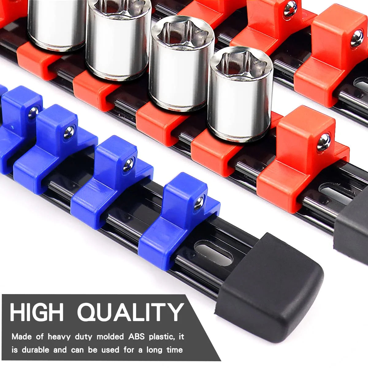A close-up view of a black socket organizer rail with red and blue handles for mounting tools.
