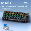 A black 61-key wired mini mechanical keyboard and mouse set displayed on a blue surface.