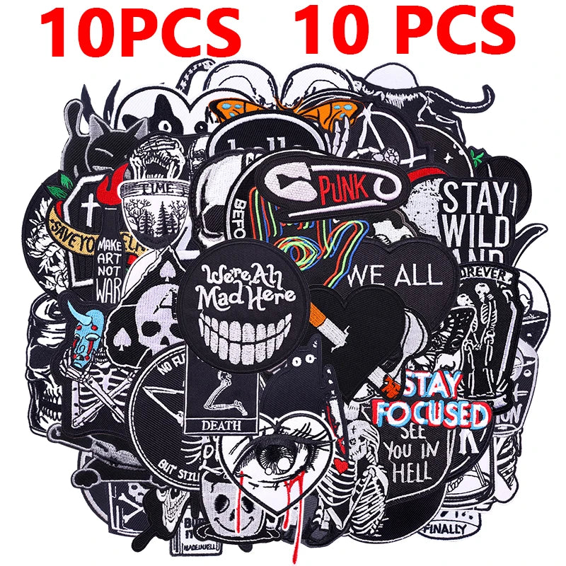 A variety pack of 10 embroidered punk patches featuring skulls, symbols, and text for DIY clothing customization.