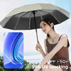 A woman holding a black automatic folding umbrella against a bright sky, with text indicating UPF 50+ and 99% UV blocking.