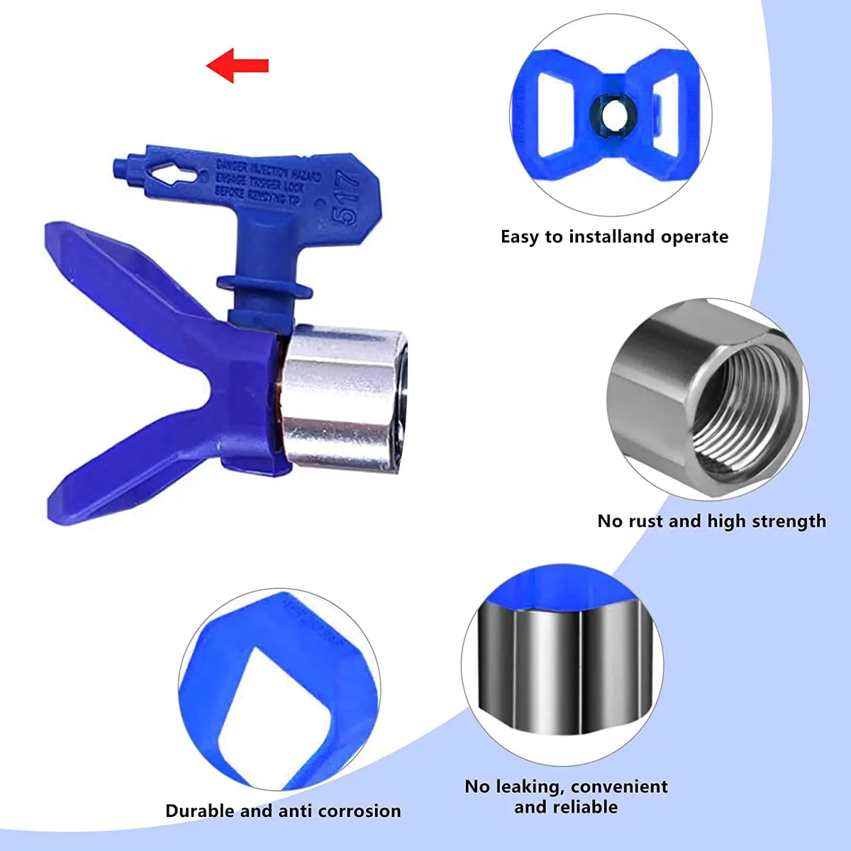 A blue reversible paint spray nozzle set with a metal tip, showing features like easy installation and rust resistance.