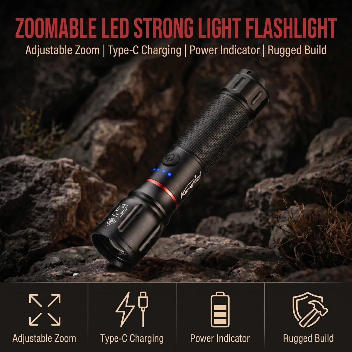 A black LED flashlight with a textured grip is shown against a rocky background, highlighting its adjustable zoom and Type-C 